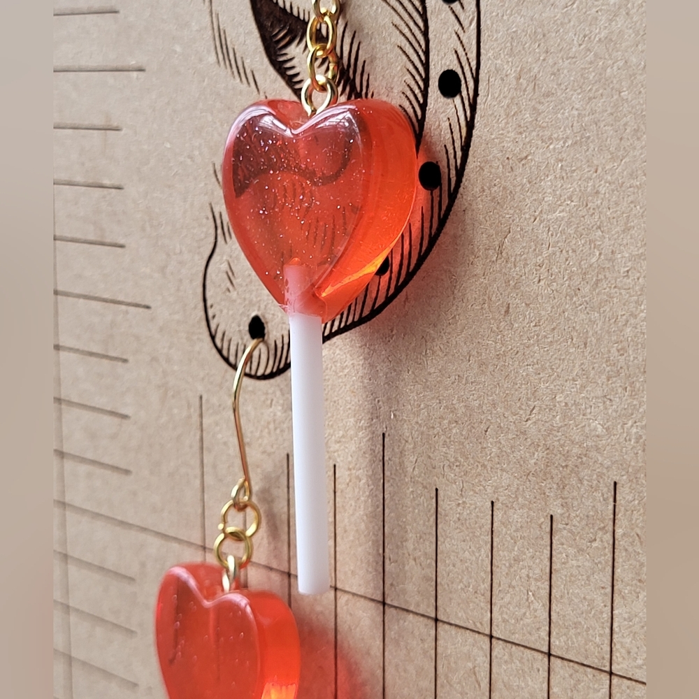 ❤️ Glitter Heart Lollipop Earrings - Red - Picture 9 of 10